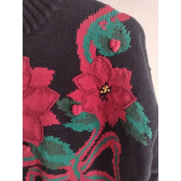 Vintage 90s Holiday Sweater L Pretty Bold Poinsettia Picone Sport Mock Neck - Picture 7 of 10